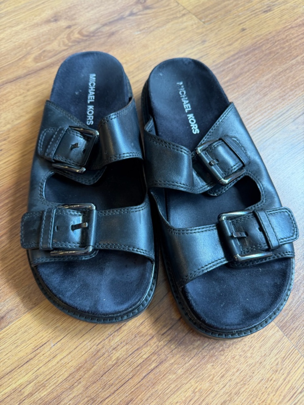 Michael Kors Black Leather Double-Buckle Slide Sandals - Picture 3 of 5